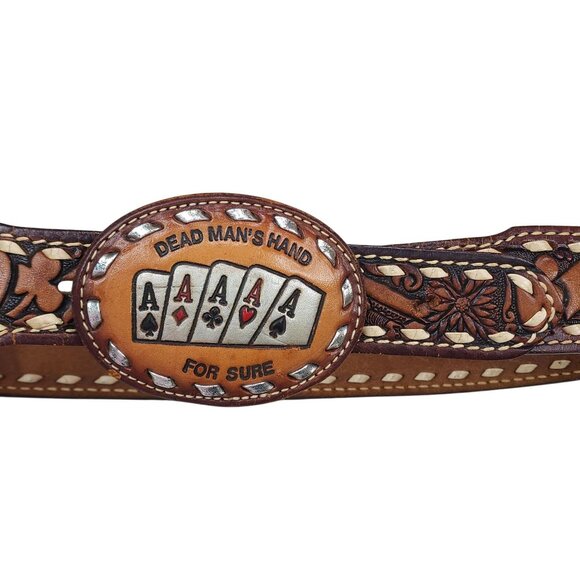 unbranded Accessories - Vintage Western Leather Belt Size Small Dead Mans Hand Buckle & "Barbie" Engravi